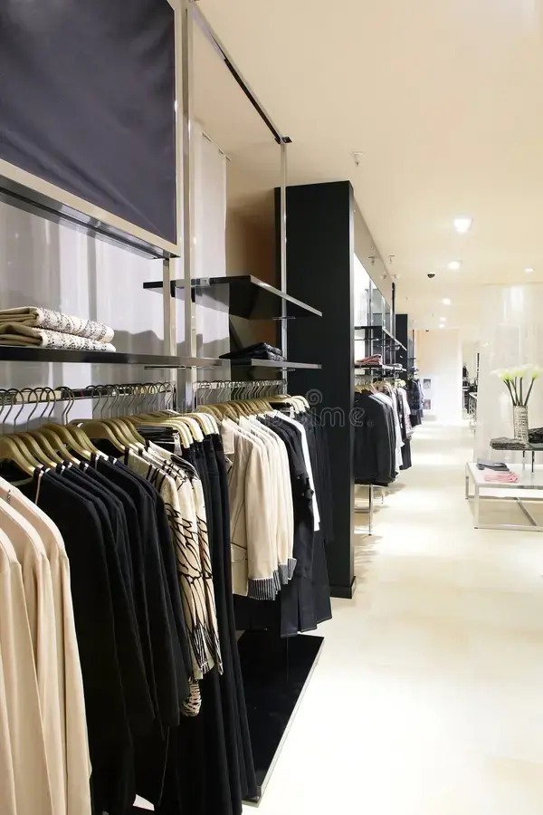Modern clothing store with coordinated garments on display